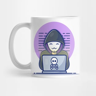 Masked hacker operating a laptop cartoon Mug